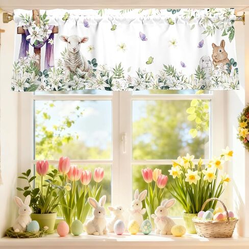 أرنب عيد الفصح الستائر للنوافذ 54x18 بوصة أرنب عيد الفصح زنبق الحمل فراشة الربيع الستار الستارة للمطبخ الحمام غرفة نوم غرفة المعيشة ديكور in Kuwait