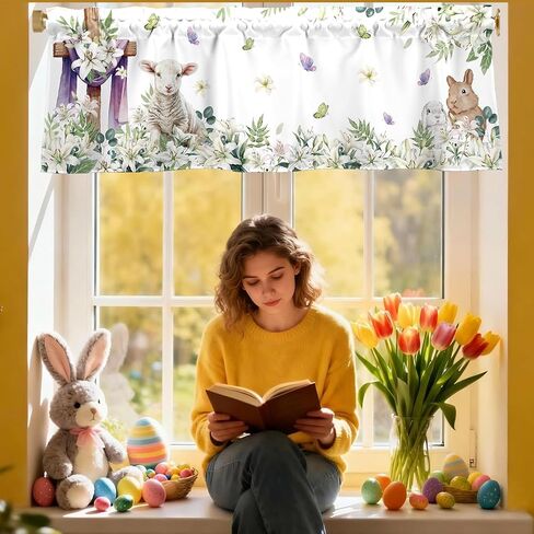 أرنب عيد الفصح الستائر للنوافذ 54x18 بوصة أرنب عيد الفصح زنبق الحمل فراشة الربيع الستار الستارة للمطبخ الحمام غرفة نوم غرفة المعيشة ديكور in Kuwait