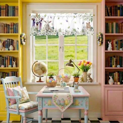 أرنب عيد الفصح الستائر للنوافذ 54x18 بوصة أرنب عيد الفصح زنبق الحمل فراشة الربيع الستار الستارة للمطبخ الحمام غرفة نوم غرفة المعيشة ديكور in Kuwait