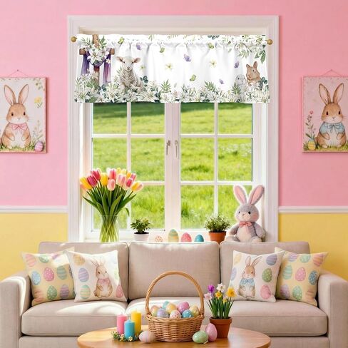 أرنب عيد الفصح الستائر للنوافذ 54x18 بوصة أرنب عيد الفصح زنبق الحمل فراشة الربيع الستار الستارة للمطبخ الحمام غرفة نوم غرفة المعيشة ديكور in Kuwait