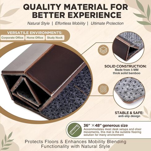 Leinuosen 36" x 48" Office Bamboo Chairmat for Carpet Floor Mat Highly Premium Quality Anti-Slip Office & Home Floor Protector Low Pile Carpet Chair Mat, 5mm Thick(Without Lip,Wood) in Saudi Arabia