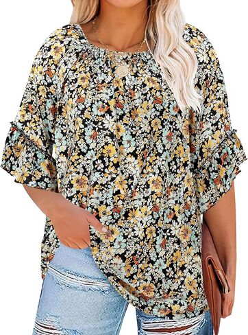 Halife بلوزات حجم كبير للنساء 3/4 كشكش كم قمصان أنيق عادية مطوي طاقم الرقبة سترة البلوزات XL-5X in Kuwait