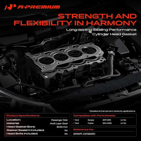 حشية رأس أسطوانة المحرك الممتازة متوافقة مع Ford Escape 2017-2019، Fusion 2014-2020، 1.5 لتر، الجانب الأيمن للراكب، فولاذ متعدد الطبقات in Kuwait