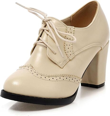 SHEMEE Retro Wingtip Oxfords for Women Chunky Block Heels Brogues Saddle Shoes Round Toe Lace Up Pumps Thick High Heeled Ankle Booties in Saudi Arabia
