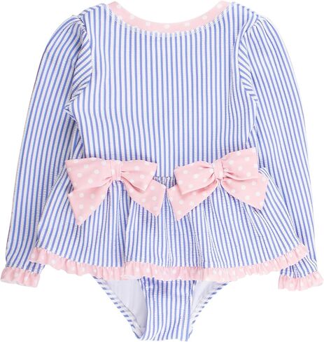 RuffleButts Girls UPF50+ Seersucker Long Sleeve One Piece Bow Peplum Rash Guard Swimsuit in Saudi Arabia