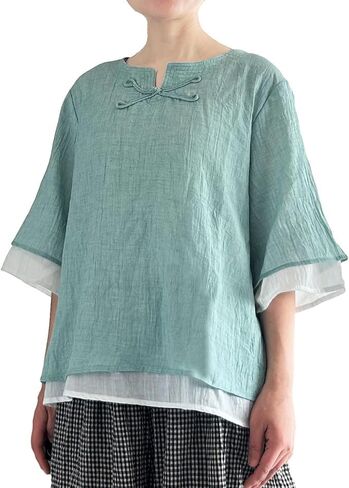 Minibee Women's Cotton Linen Shirts Summer 3/4 Length Sleeve Tops Chinese Frog Casual Blouse in Saudi Arabia