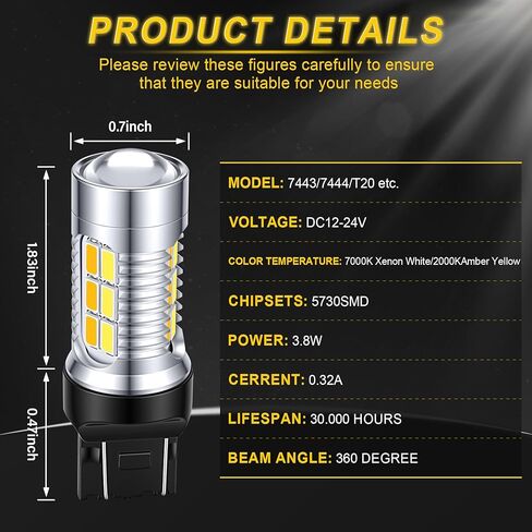 7443 Switchback Led Turn Signal Bulbs Super Bright 7444 T20 LED Replacement light Kit Set for Car Daytime Running Turn Signal Blinker Lights, pack of 4, Xenon White/Amber Yellow in Kuwait