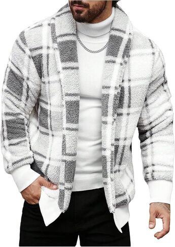SHENHE Men's Plaid Sherpa Jacket Open Front Shawl Collar Long Sleeve Fuzzy Teddy Coat Fall Winter Outerwear in Saudi Arabia