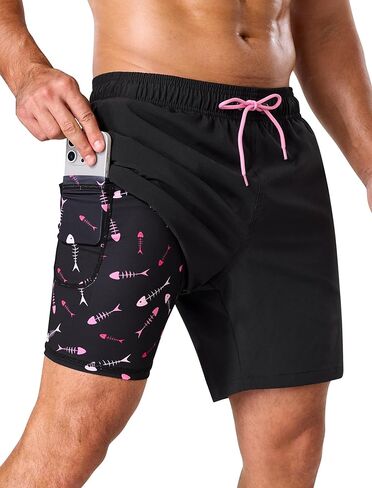 SILKWORLD Mens Swim Trunks with Compression Liner 2 in 1 Quick Dry Bathing Suit 7 Inch Swim Shorts with Zipper Pockets in Kuwait
