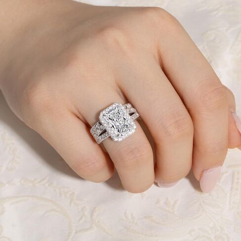5CT Elongated Radiant Cut Wedding Ring Set for Women - White Gold Filled 925 Sterling Silver Vintage Filigree Bridal Rings Sets Halo Design Cubic Zirconia Engagement Ring Wedding Band, Size 8 in Saudi Arabia