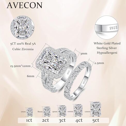 5CT Elongated Radiant Cut Wedding Ring Set for Women - White Gold Filled 925 Sterling Silver Vintage Filigree Bridal Rings Sets Halo Design Cubic Zirconia Engagement Ring Wedding Band, Size 8 in Saudi Arabia