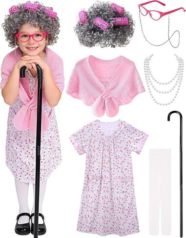 Old Lady Costume for Kids - Grandma Costume for Girls 100 Days of School Funny Granny Dress Up Party Cosplay in Kuwait