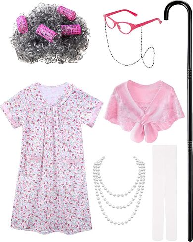 Old Lady Costume for Kids - Grandma Costume for Girls 100 Days of School Funny Granny Dress Up Party Cosplay in Kuwait