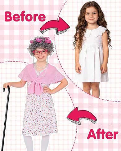 Old Lady Costume for Kids - Grandma Costume for Girls 100 Days of School Funny Granny Dress Up Party Cosplay in Kuwait