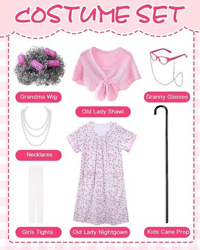 Old Lady Costume for Kids - Grandma Costume for Girls 100 Days of School Funny Granny Dress Up Party Cosplay in Kuwait