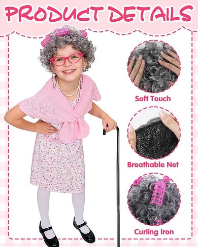 Old Lady Costume for Kids - Grandma Costume for Girls 100 Days of School Funny Granny Dress Up Party Cosplay in Kuwait