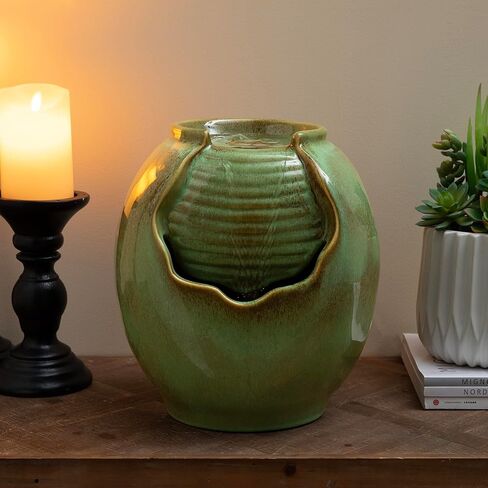 Glitzhome 12" H Tabletop Fountain with Pump, Sage Green Ceramic Jar Water Fountain, Embossed Leaves Indoor Outdoor Cascading Water Fountain Desktop Pot Fountains for Home Office Garden Relaxation in Saudi Arabia