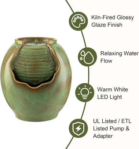 Glitzhome 12" H Tabletop Fountain with Pump, Sage Green Ceramic Jar Water Fountain, Embossed Leaves Indoor Outdoor Cascading Water Fountain Desktop Pot Fountains for Home Office Garden Relaxation in Saudi Arabia