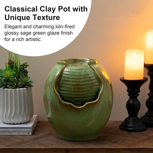 Glitzhome 12" H Tabletop Fountain with Pump, Sage Green Ceramic Jar Water Fountain, Embossed Leaves Indoor Outdoor Cascading Water Fountain Desktop Pot Fountains for Home Office Garden Relaxation in Saudi Arabia