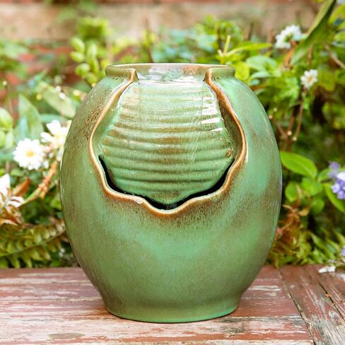 Glitzhome 12" H Tabletop Fountain with Pump, Sage Green Ceramic Jar Water Fountain, Embossed Leaves Indoor Outdoor Cascading Water Fountain Desktop Pot Fountains for Home Office Garden Relaxation in Saudi Arabia