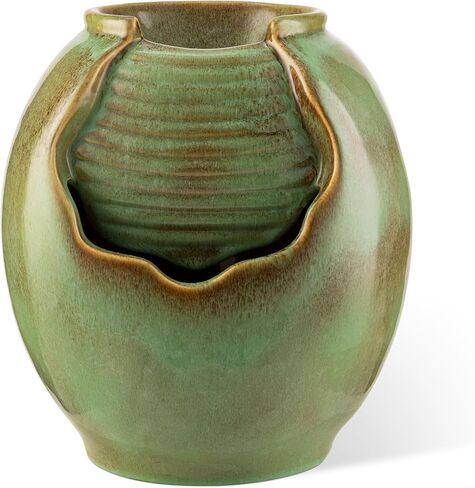 Glitzhome 12" H Tabletop Fountain with Pump, Sage Green Ceramic Jar Water Fountain, Embossed Leaves Indoor Outdoor Cascading Water Fountain Desktop Pot Fountains for Home Office Garden Relaxation in Saudi Arabia