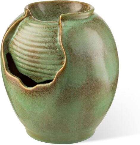 Glitzhome 12" H Tabletop Fountain with Pump, Sage Green Ceramic Jar Water Fountain, Embossed Leaves Indoor Outdoor Cascading Water Fountain Desktop Pot Fountains for Home Office Garden Relaxation in Saudi Arabia