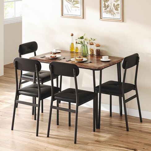 5 Piece Dining Table Set,Metal Rectangular Kitchen Table Set for 4 with Upholstered Chairs, Modern Industrial Style Dining Table and Chairs for Small Space, Rustic Brown in Kuwait