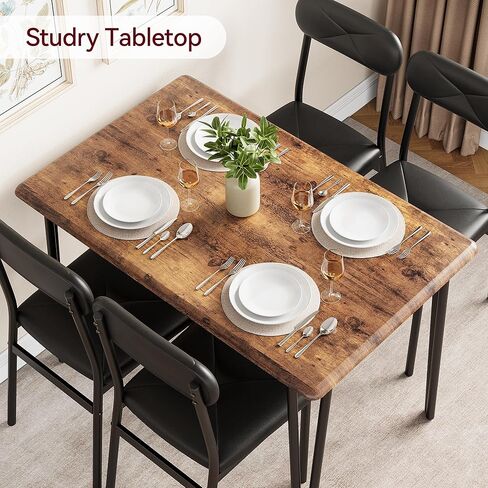 5 Piece Dining Table Set,Metal Rectangular Kitchen Table Set for 4 with Upholstered Chairs, Modern Industrial Style Dining Table and Chairs for Small Space, Rustic Brown in Kuwait