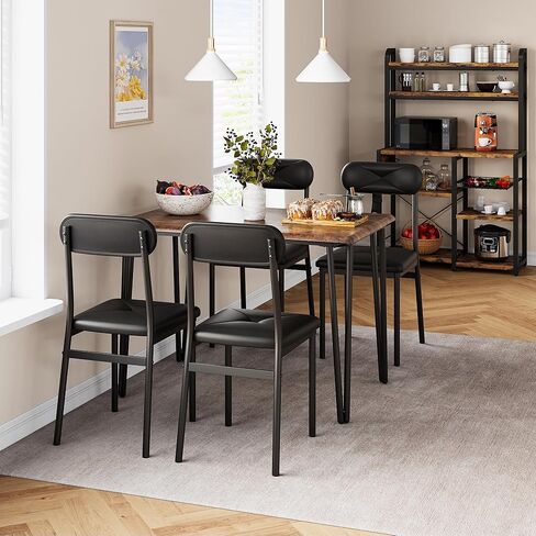 5 Piece Dining Table Set,Metal Rectangular Kitchen Table Set for 4 with Upholstered Chairs, Modern Industrial Style Dining Table and Chairs for Small Space, Rustic Brown in Kuwait
