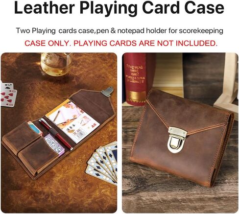 CONTACTS Full Grain Leather Playing Card Case for 2 Decks, Handmade Leather Playing Card Holder with A6 Notepad Pocket & Pen Loop Poker Card Travel Case for Adults in Saudi Arabia