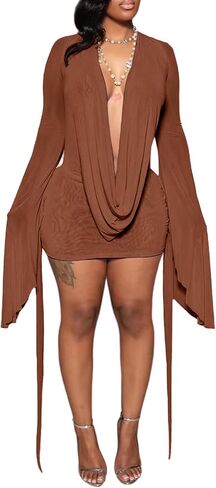 SHINFY Women Sexy Backless Mini Dress Draped Mesh Cowl Neck Long Sleeve Swing Going Out Cocktail Dresses in Saudi Arabia