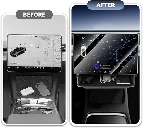 صندوق تخزين أسفل الشاشة لسيارة Tesla 2020-2025 Model Y 2020-2023 Model 3، تصميم مخفي وتركيب ثابت، مساحة تخزين للخصوصية مخفية مع وسادة سيليكون مضادة للانزلاق لملحقات الموديل Y 3 in Kuwait