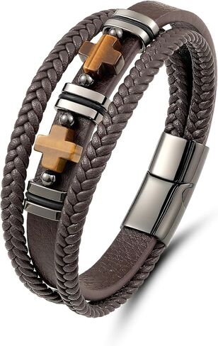 Mens Leather Bracelet, Cross Leather Wristband - Genuine Leather, Stainless Steel & Tiger Eye Stone - Christian Faith Jewelry for Men, Husband, Father - Secure Clasp in Saudi Arabia