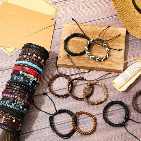 Unittype 80 Pcs Braided Leather Bracelets for Men Women Wrap Wood Beads Cuff Bracelet, Hemp Cords Ethnic Tribal Handmade Wrap Wristband Bracelets Set Adjustable in Saudi Arabia