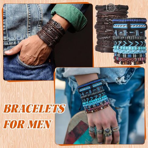 Unittype 80 Pcs Braided Leather Bracelets for Men Women Wrap Wood Beads Cuff Bracelet, Hemp Cords Ethnic Tribal Handmade Wrap Wristband Bracelets Set Adjustable in Saudi Arabia