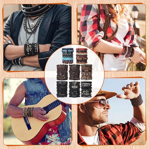 Unittype 80 Pcs Braided Leather Bracelets for Men Women Wrap Wood Beads Cuff Bracelet, Hemp Cords Ethnic Tribal Handmade Wrap Wristband Bracelets Set Adjustable in Saudi Arabia
