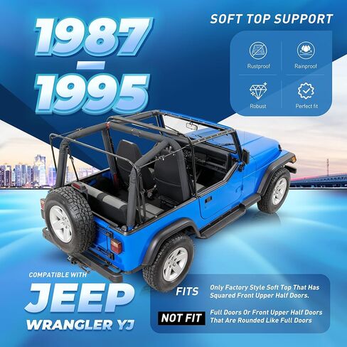 دعم علوي ناعم متوافق مع 1987-1995 Jeep Wrangler YJ مع نصف أبواب أمامية مربعة، إطار علوي ناعم قابل للتحويل من الألومنيوم والفولاذ in Saudi Arabia