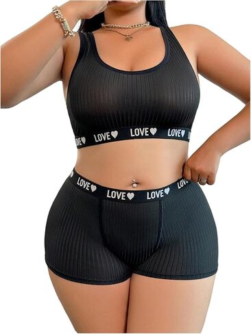OYOANGLE Women's Plus Size 2 Piece Lingerie Set Letter Print Matching Sports Bra and Boyshorts Panties Underwear in Saudi Arabia