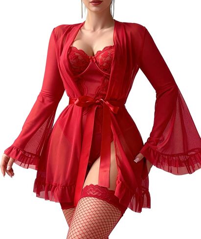Women’s 5PCS Lingerie Set–Slit Mesh Bodysuit with Sheer Robe, Waist Belt & Stockings, Sexy Romantic Outfit in Kuwait
