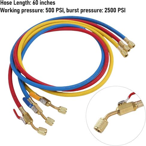 خراطيم التبريد، مجموعة خرطوم شحن مكونة من 3 قطع مع صمام كروي، خرطوم 500 رطل لكل بوصة مربعة (1/4 بوصة، 60 بوصة) لأنظمة تكييف السيارات والشاحنات والمركبات الترفيهية واليخوت in Kuwait