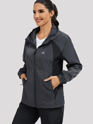 Rain Jackets for Women Water Repellent Hooded Windproof Color Block Raincoat of Reflective Back Strip Grey in Saudi Arabia