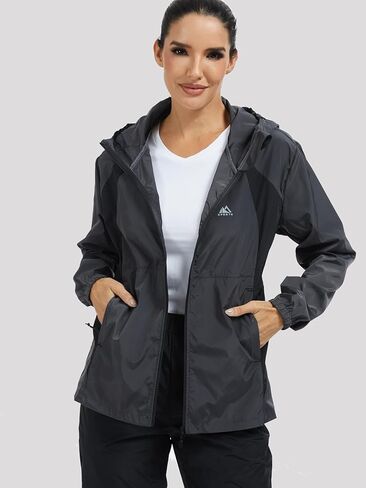Rain Jackets for Women Water Repellent Hooded Windproof Color Block Raincoat of Reflective Back Strip Grey in Saudi Arabia