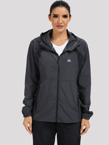 Rain Jackets for Women Water Repellent Hooded Windproof Color Block Raincoat of Reflective Back Strip Grey in Saudi Arabia