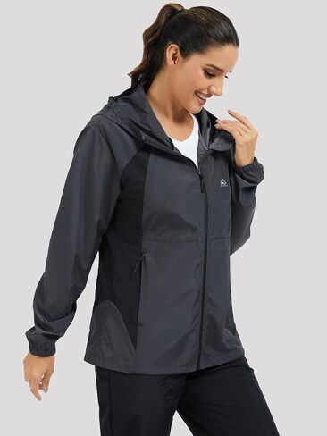 Rain Jackets for Women Water Repellent Hooded Windproof Color Block Raincoat of Reflective Back Strip Grey in Saudi Arabia