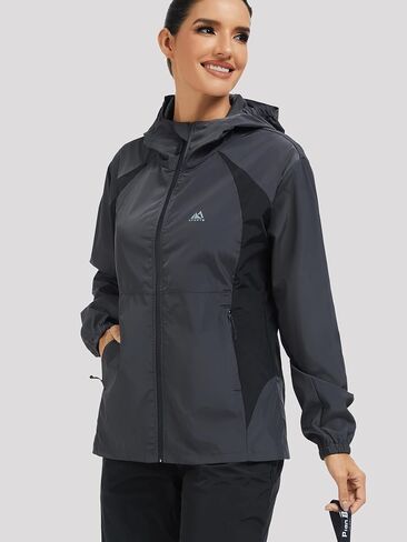 Rain Jackets for Women Water Repellent Hooded Windproof Color Block Raincoat of Reflective Back Strip Grey in Saudi Arabia