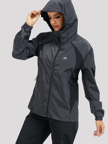 Rain Jackets for Women Water Repellent Hooded Windproof Color Block Raincoat of Reflective Back Strip Grey in Saudi Arabia
