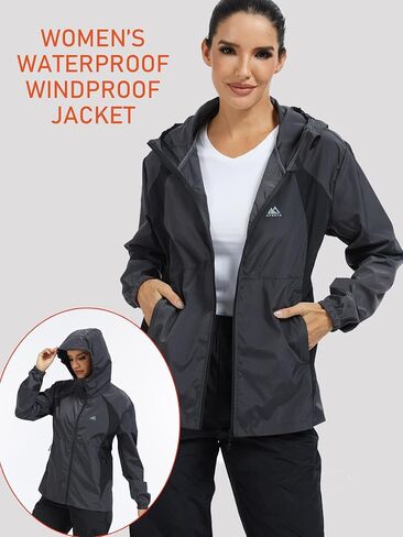 Rain Jackets for Women Water Repellent Hooded Windproof Color Block Raincoat of Reflective Back Strip Grey in Saudi Arabia