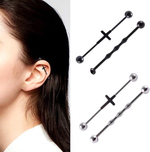 2Pcs 14G 16G Industrial Barbell Earrings for Women Men Minimalist Stainless Steel Cross Cartilage Piercing Barbell Earrings Industrial Piercing Jewelry in Saudi Arabia