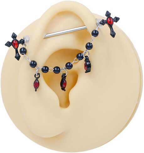 14G Black Cross Industrial Barbell Earrings for Women Men 316L Surgical Steel Red CZ Chains Dangle Cartilage Industrial Earrings Industrial Piercing Jewelry 38mm in Saudi Arabia