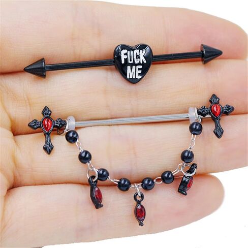 14G Black Cross Industrial Barbell Earrings for Women Men 316L Surgical Steel Red CZ Chains Dangle Cartilage Industrial Earrings Industrial Piercing Jewelry 38mm in Saudi Arabia